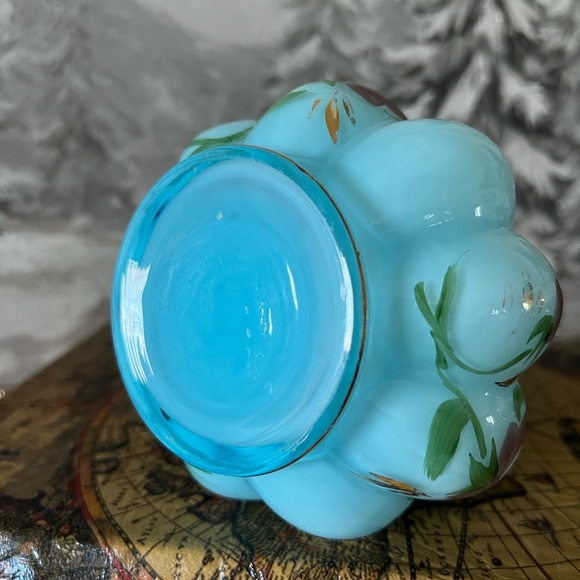 Vintage Blue Hand-Painted Glass Bottle Vase Floral Ruffled Rim No Stopper - Picture 7 of 10